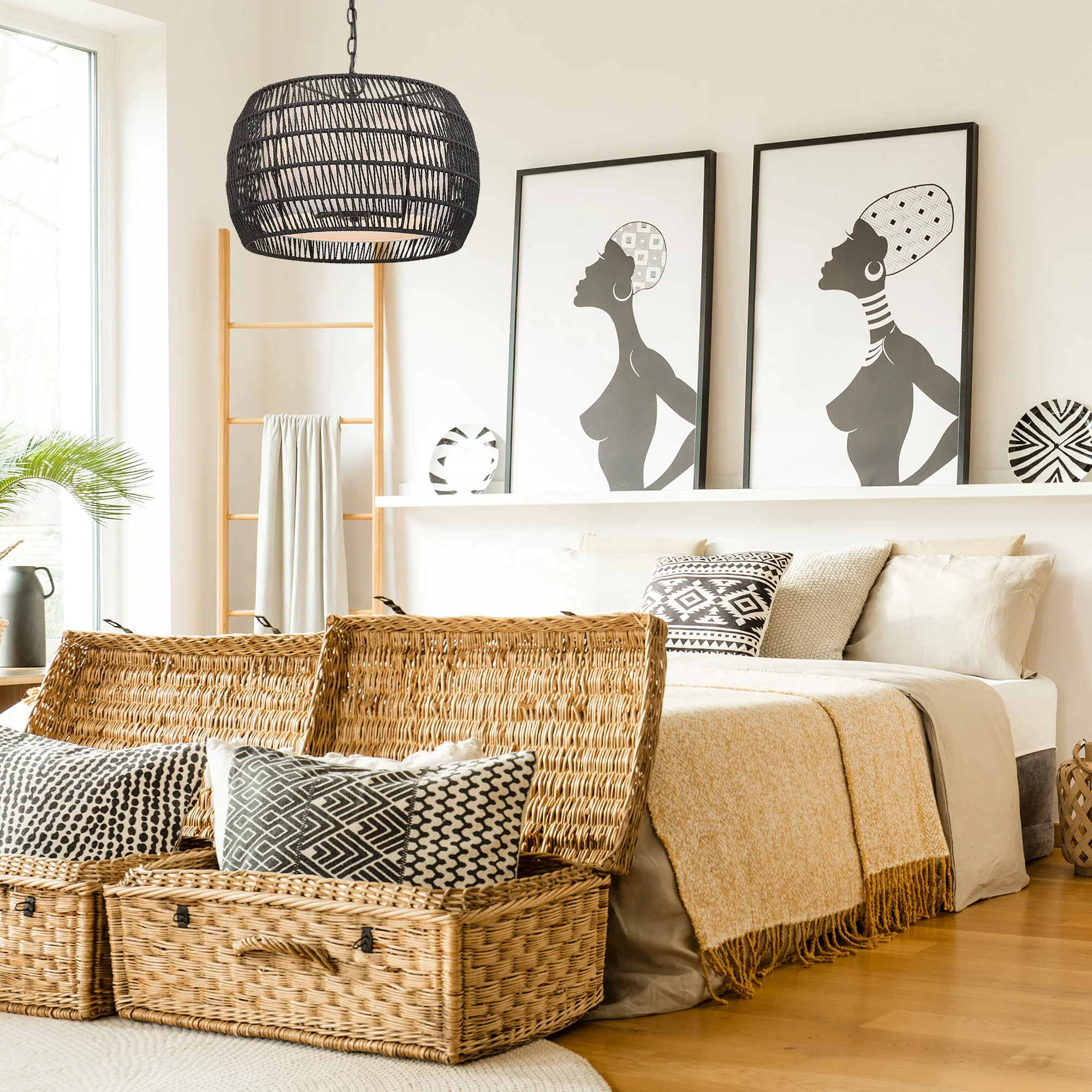 Golden Lighting Everly 4-light Pendant in Matte Black and Modern Black Rattan shade - Image 2