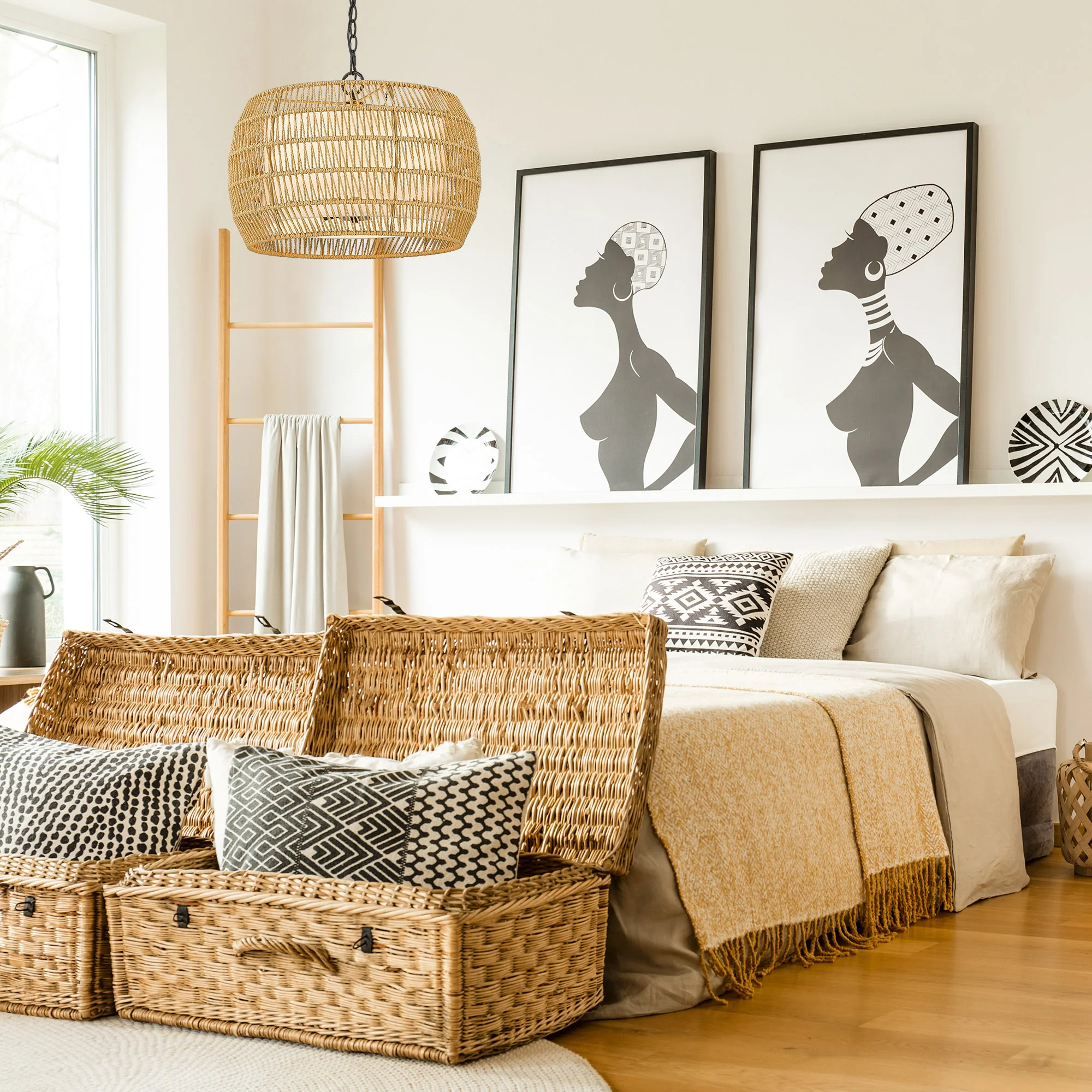 Golden Lighting Everly 4-light Pendant in Matte Black and Natural Rattan shade - Image 2