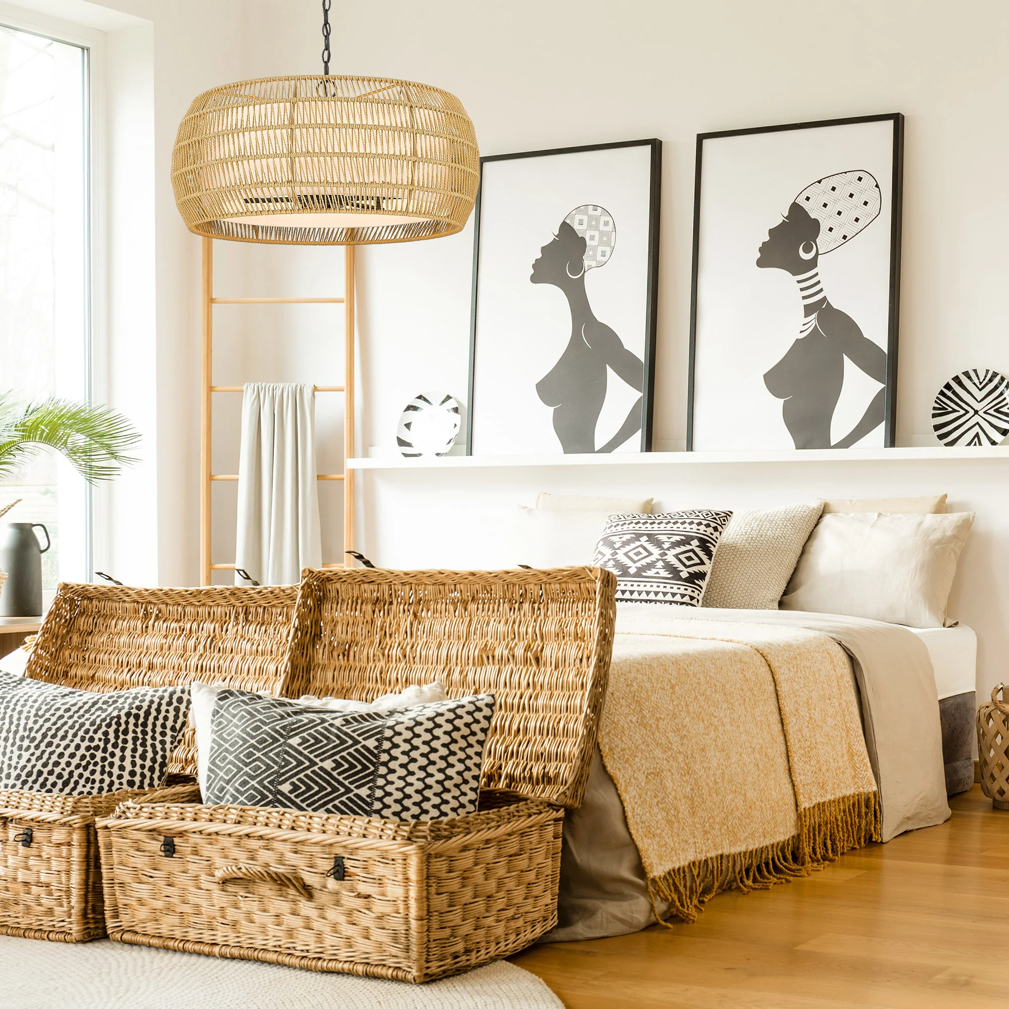 Golden Lighting Everly 6-light Chandelier in Matte Black and Natural Rattan shade - Image 2