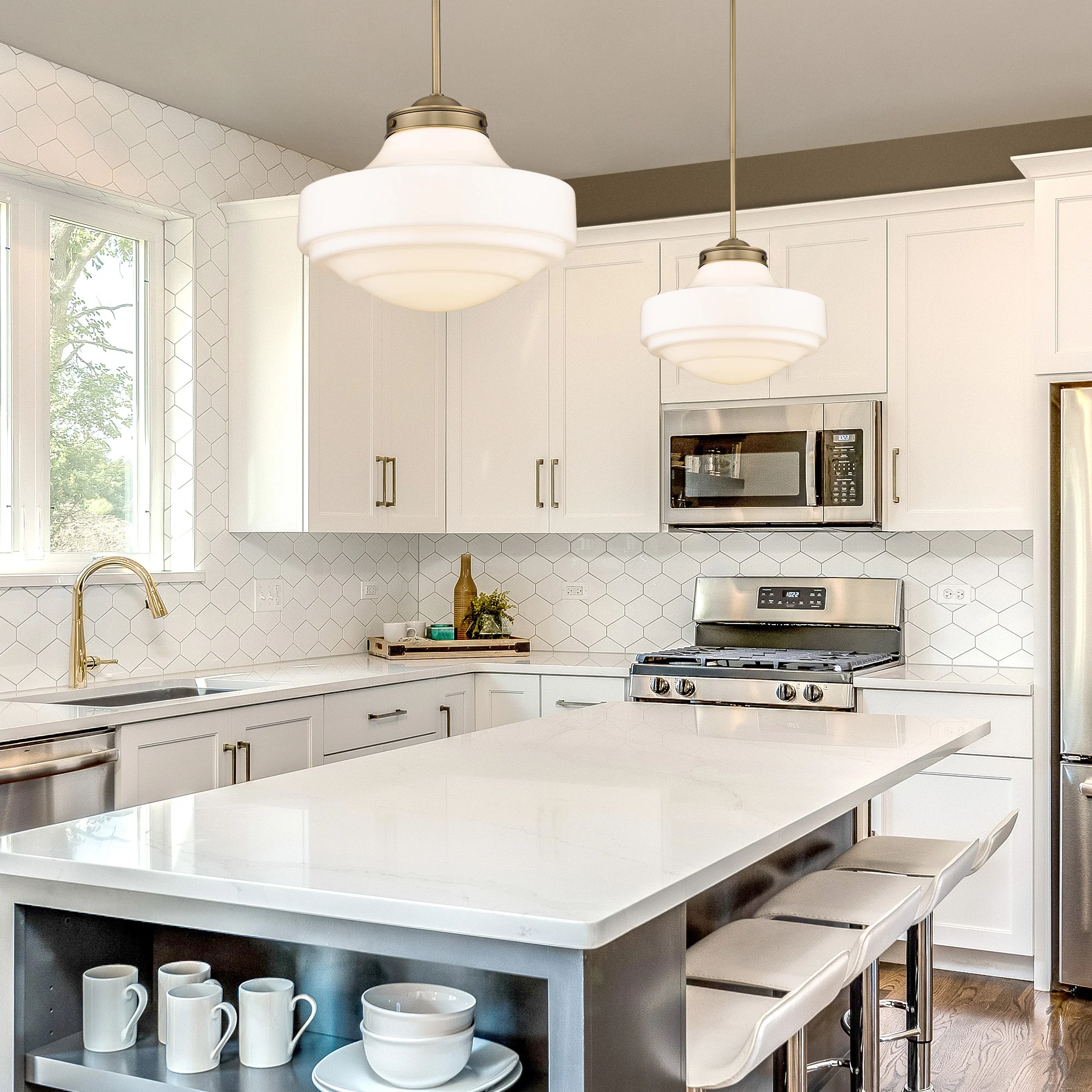 Golden Lighting Ingalls 1-light 16in Pendant in Modern Brass and Vintage Milk Glass - Image 2