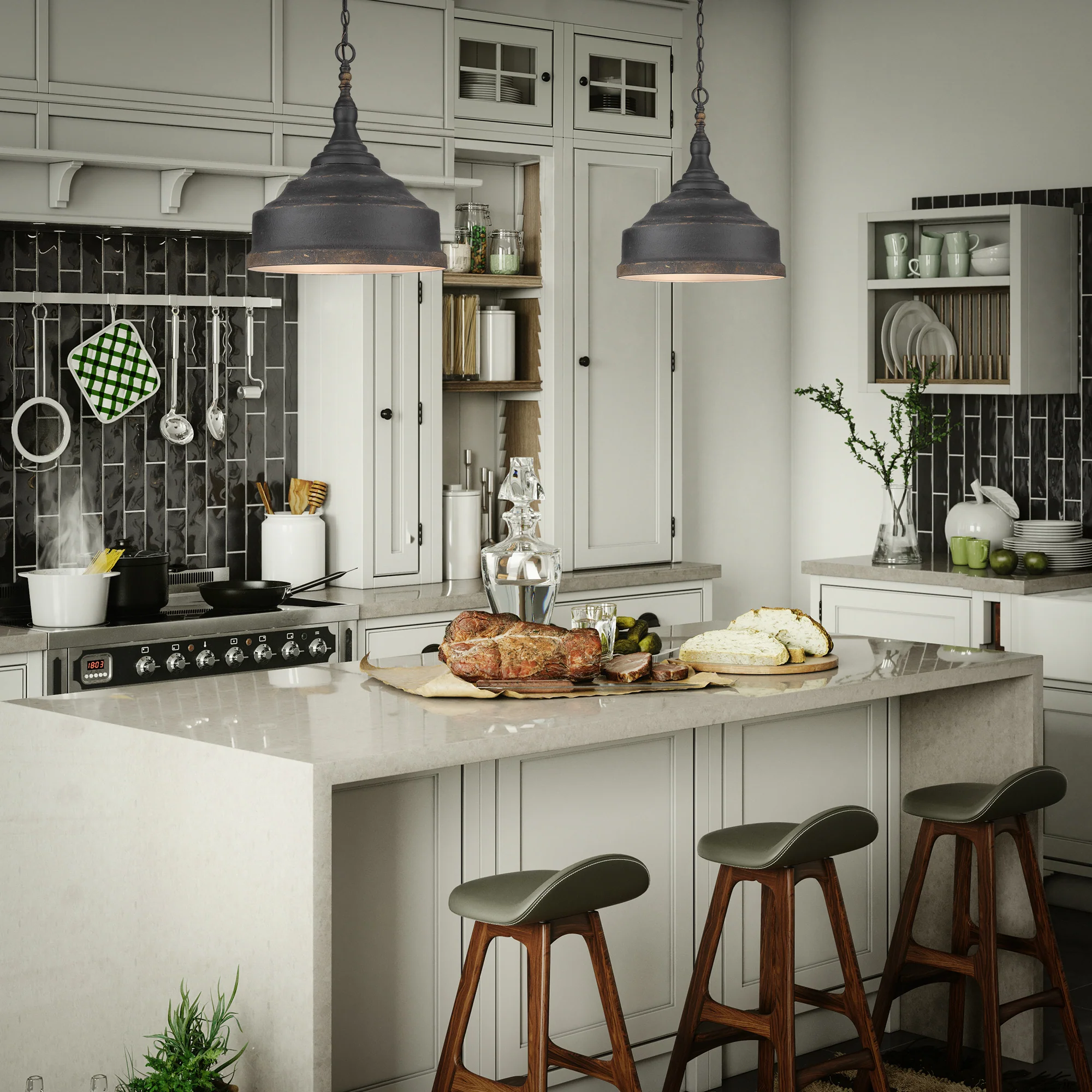 Golden Lighting Keating 3-light Pendant in Antique Black Iron - Image 2