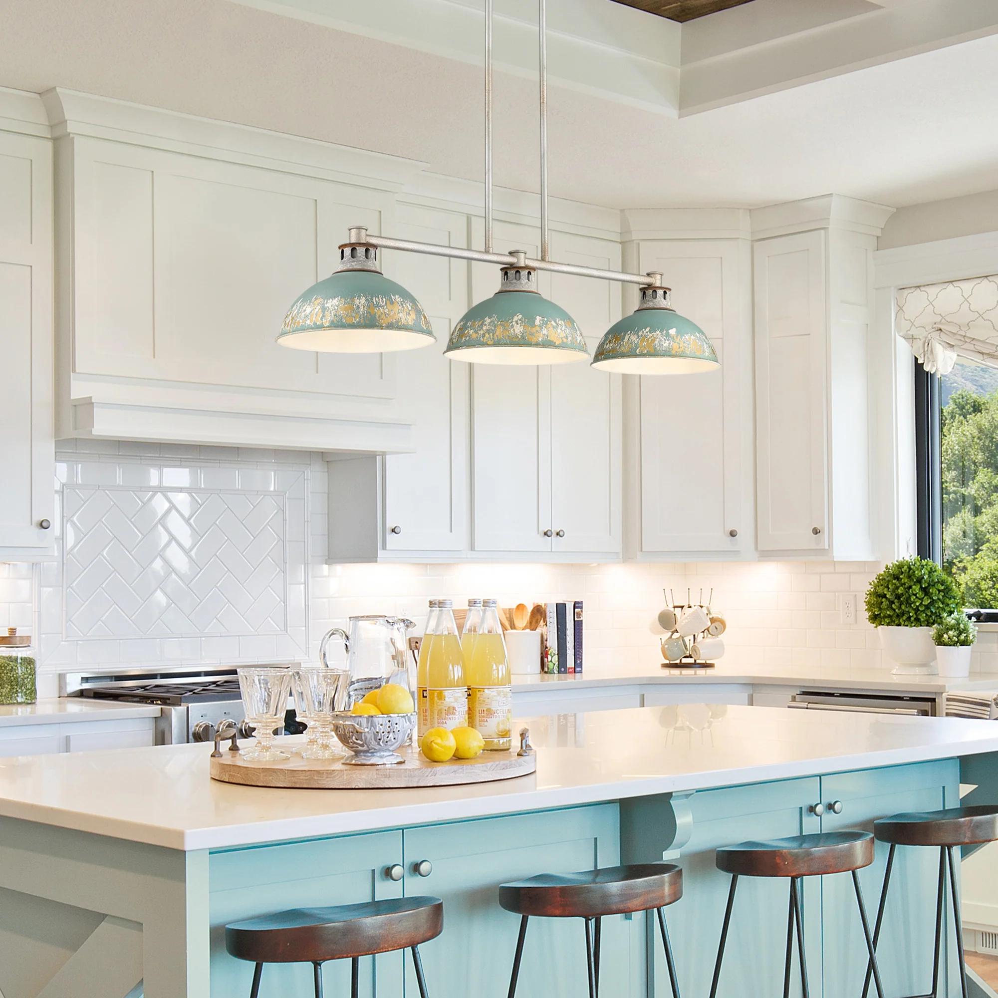 Golden Lighting Kinsley 3-light Island Light in Antique Teal shade - Image 2
