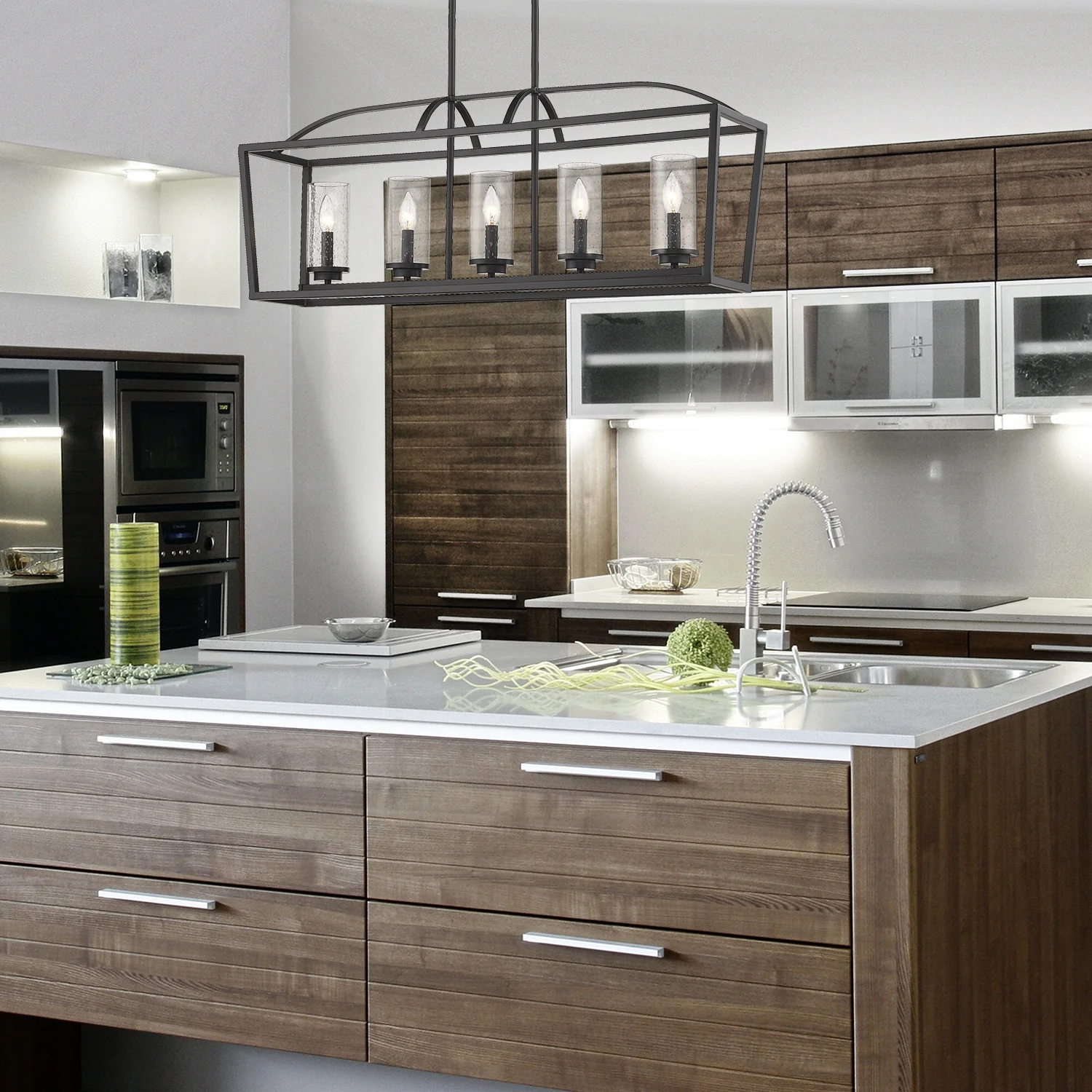 Golden Lighting Mercer 5-light Island Light in Matte Black and Seeded Glass - Image 2