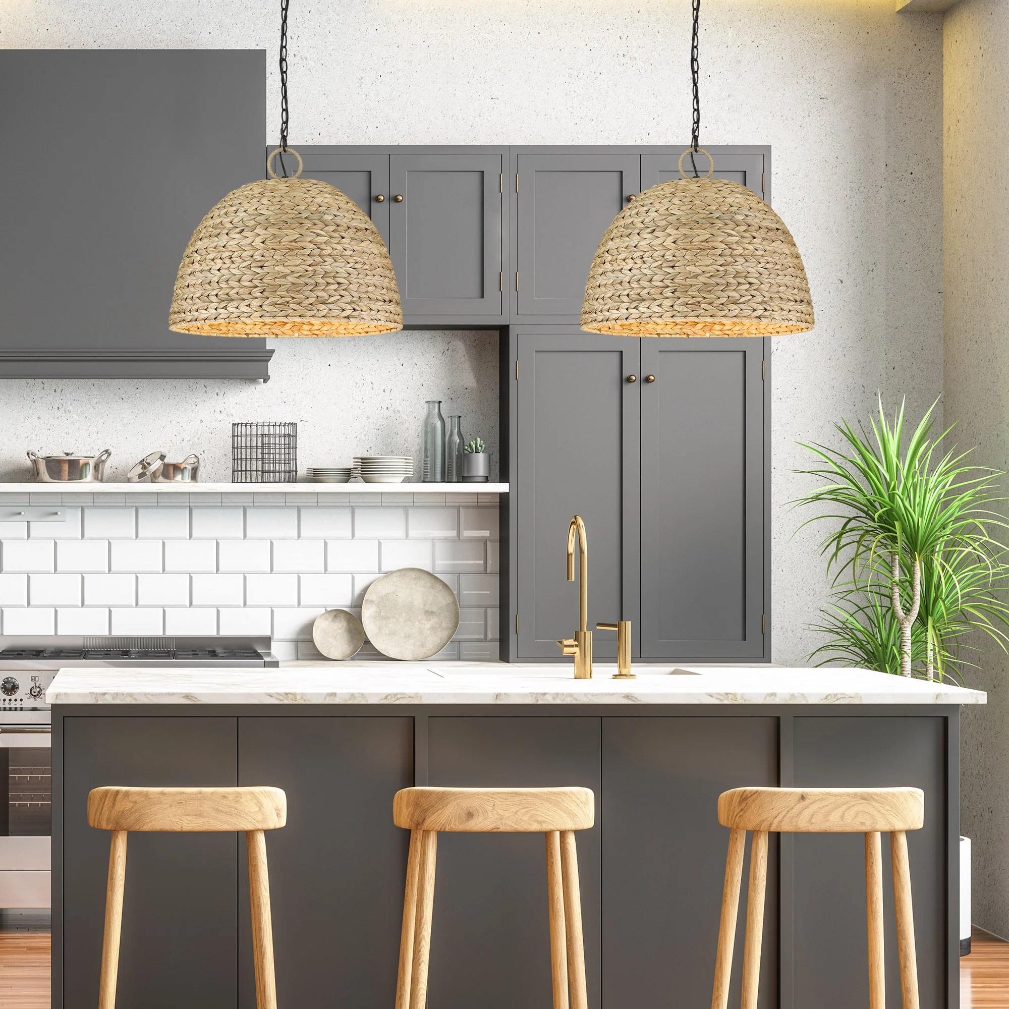 Golden Lighting Rue 5-light Pendant in Matte Black and Woven Sweet Grass shade - Image 2
