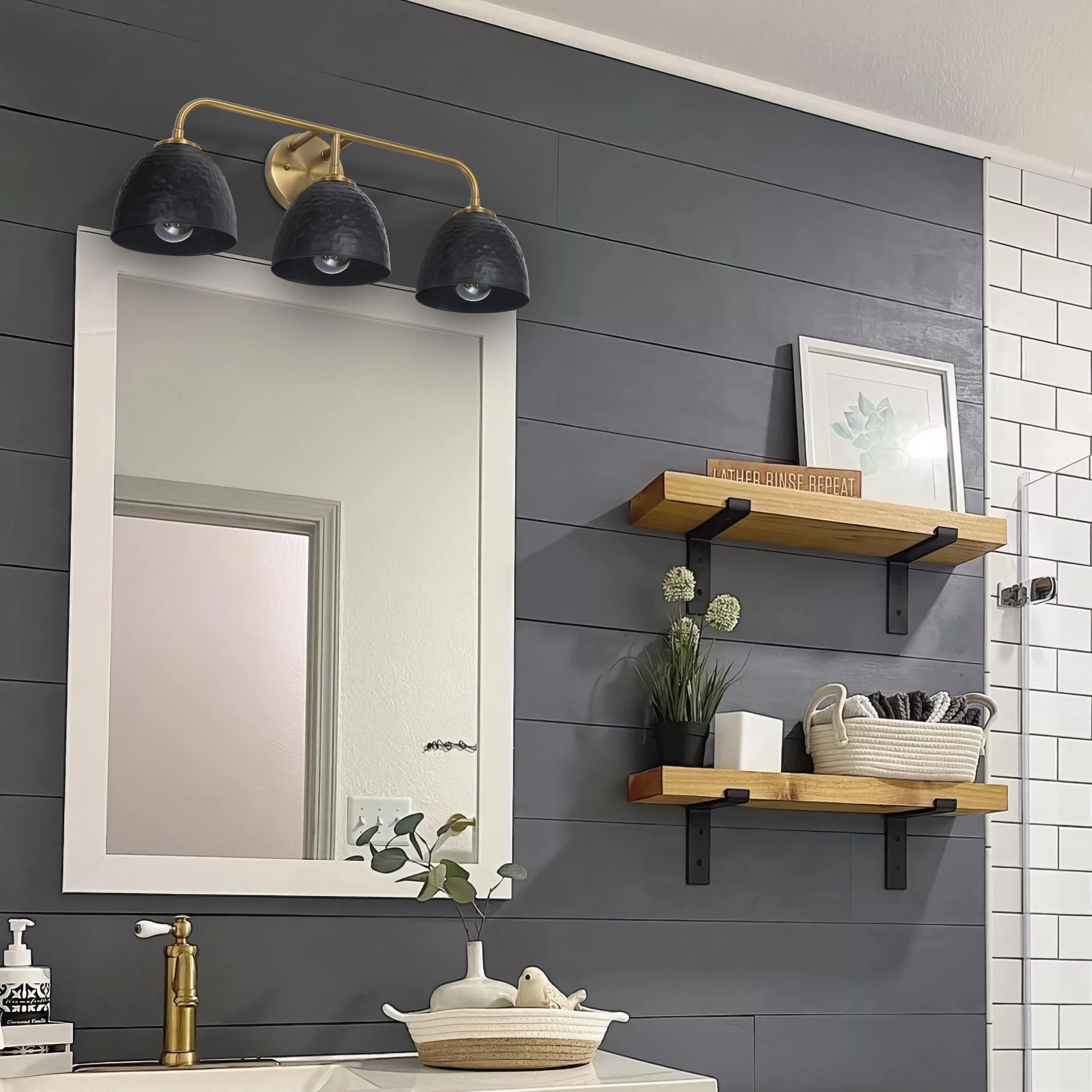 Golden Lighting Shepard 3-light Vanity in Modern Brass and Matte Black shade - Image 2