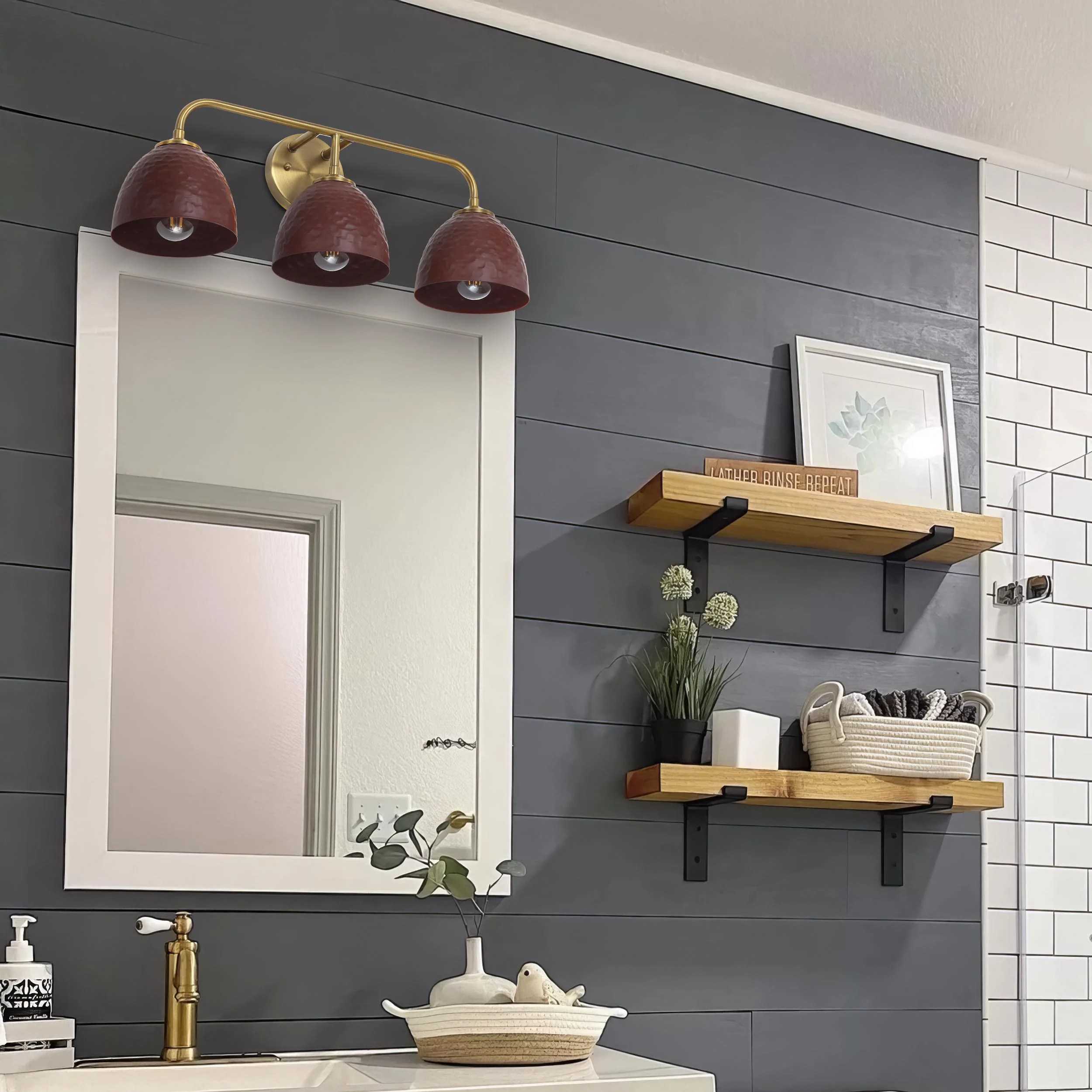 Golden Lighting Shepard 3-light Vanity in Modern Brass and Russet Clay shade - Image 2