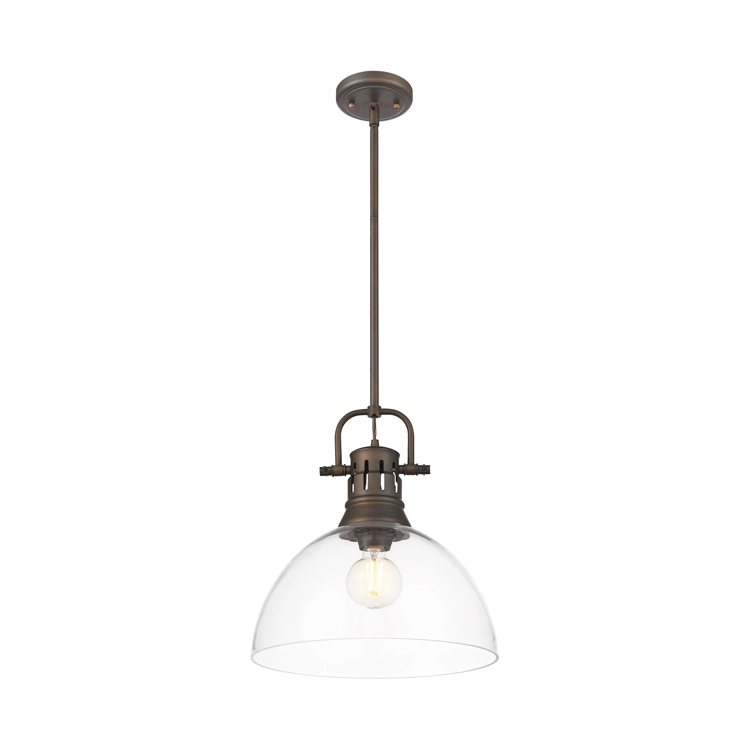 Yep by Golden Lighting Duncan 1-light 14in rod hung Pendant in Rubbed Bronze and Clear Glass - Image 2