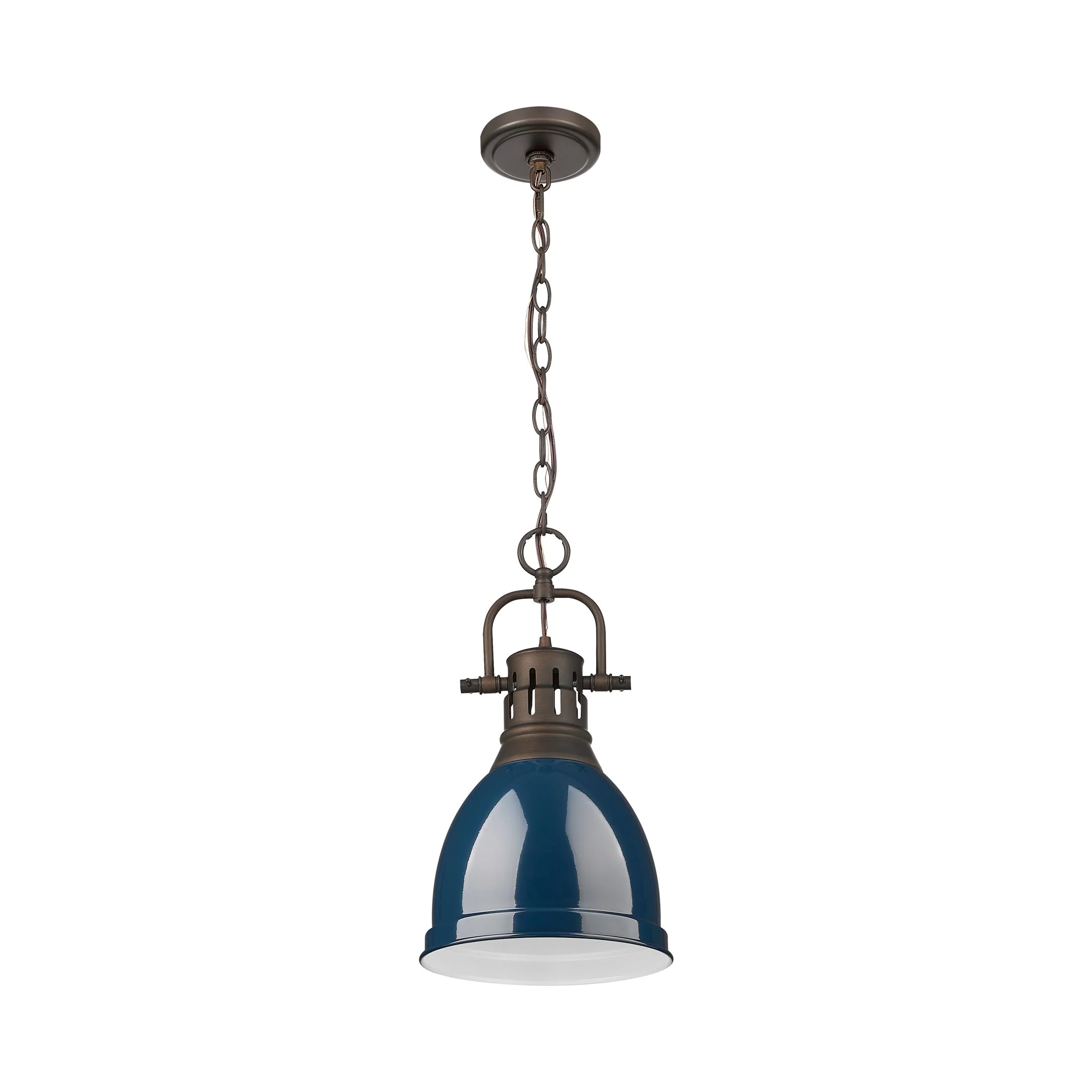 Yep by Golden Lighting Duncan 1-light 9in Chain Hung Pendant in Rubbed Bronze and Navy Blue shade - Image 2