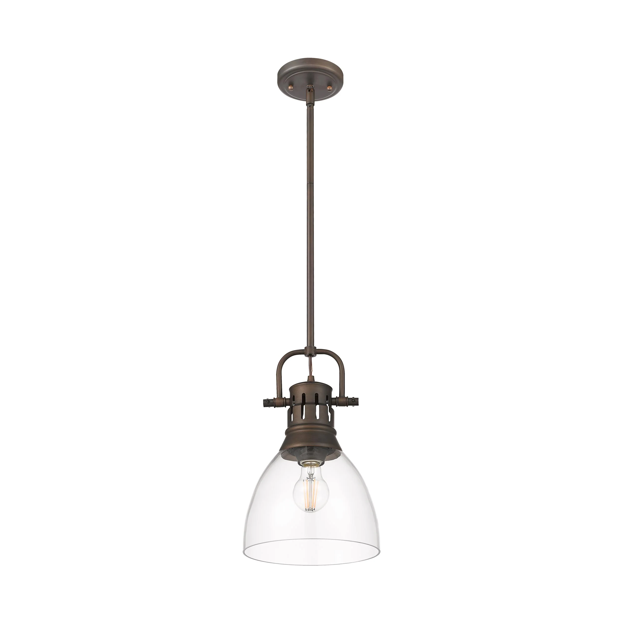 Yep by Golden Lighting Duncan 1-light 9in rod hung Pendant in Rubbed Bronze and Clear Glass - Image 2