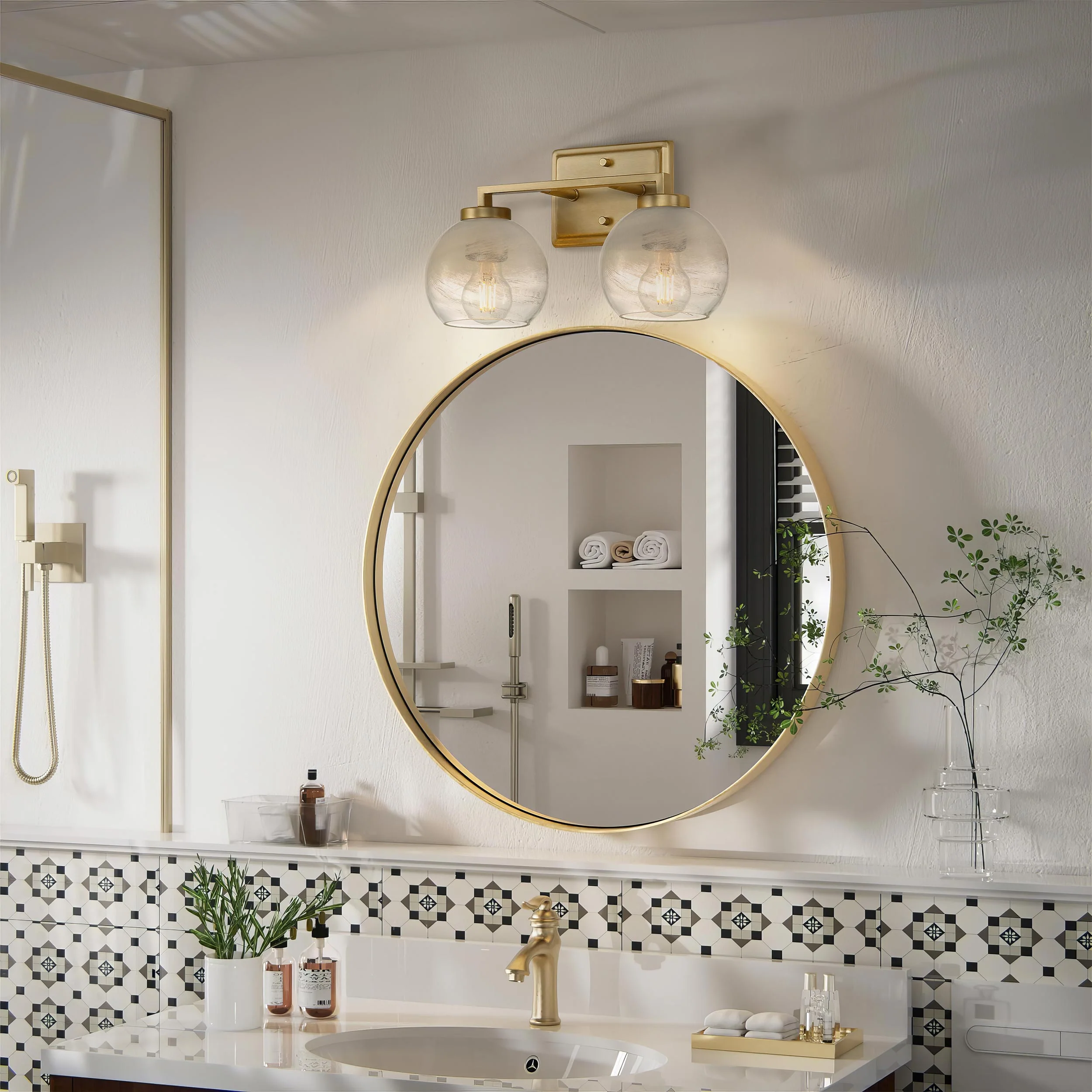 Yep by Golden Lighting Elliott 2-light Vanity in Brushed Champagne Brass and Clear Alabaster Glass - Image 2