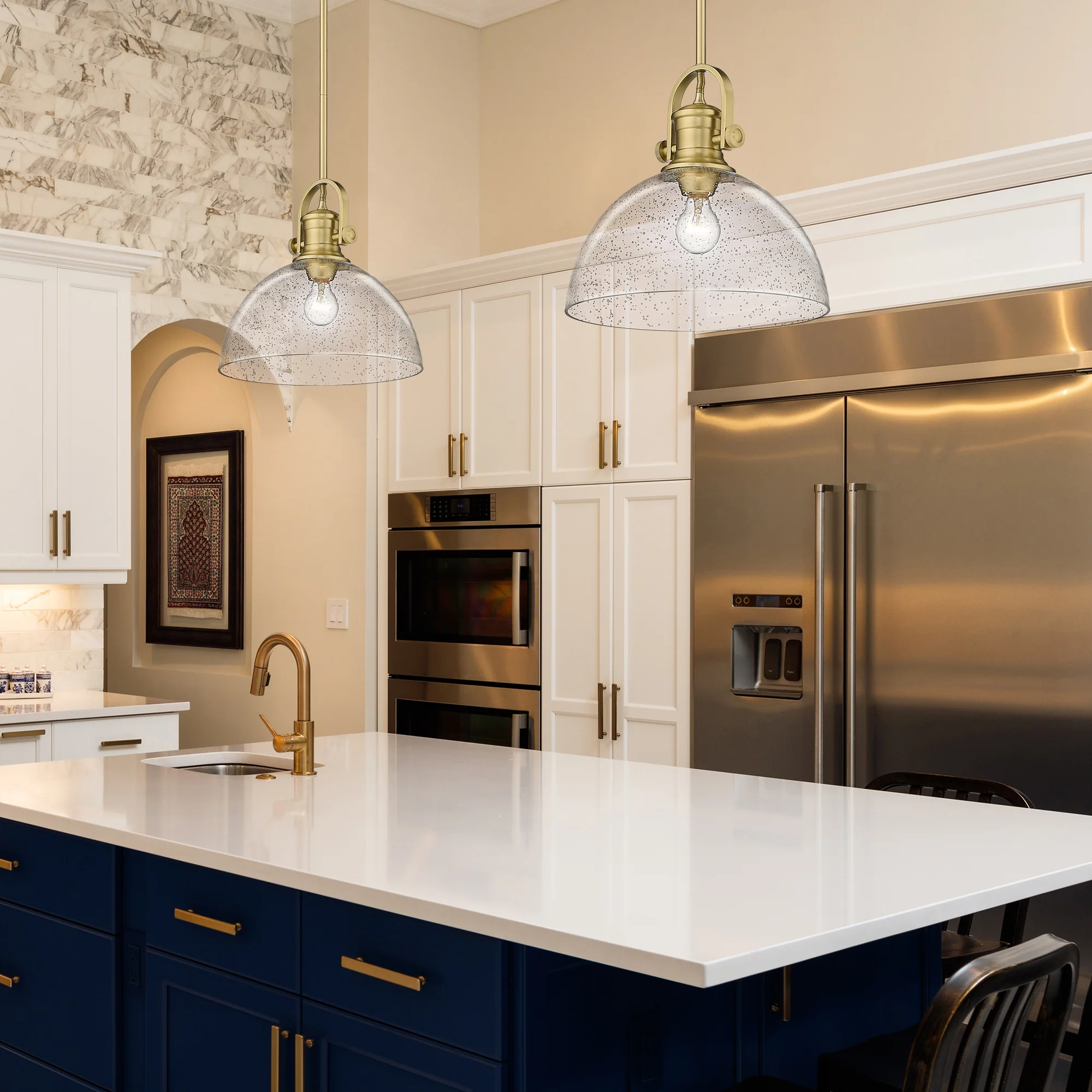 Yep by Golden Lighting Hines 1-light 14in Pendant in Brushed Champagne Brass and Seeded Glass - Image 2