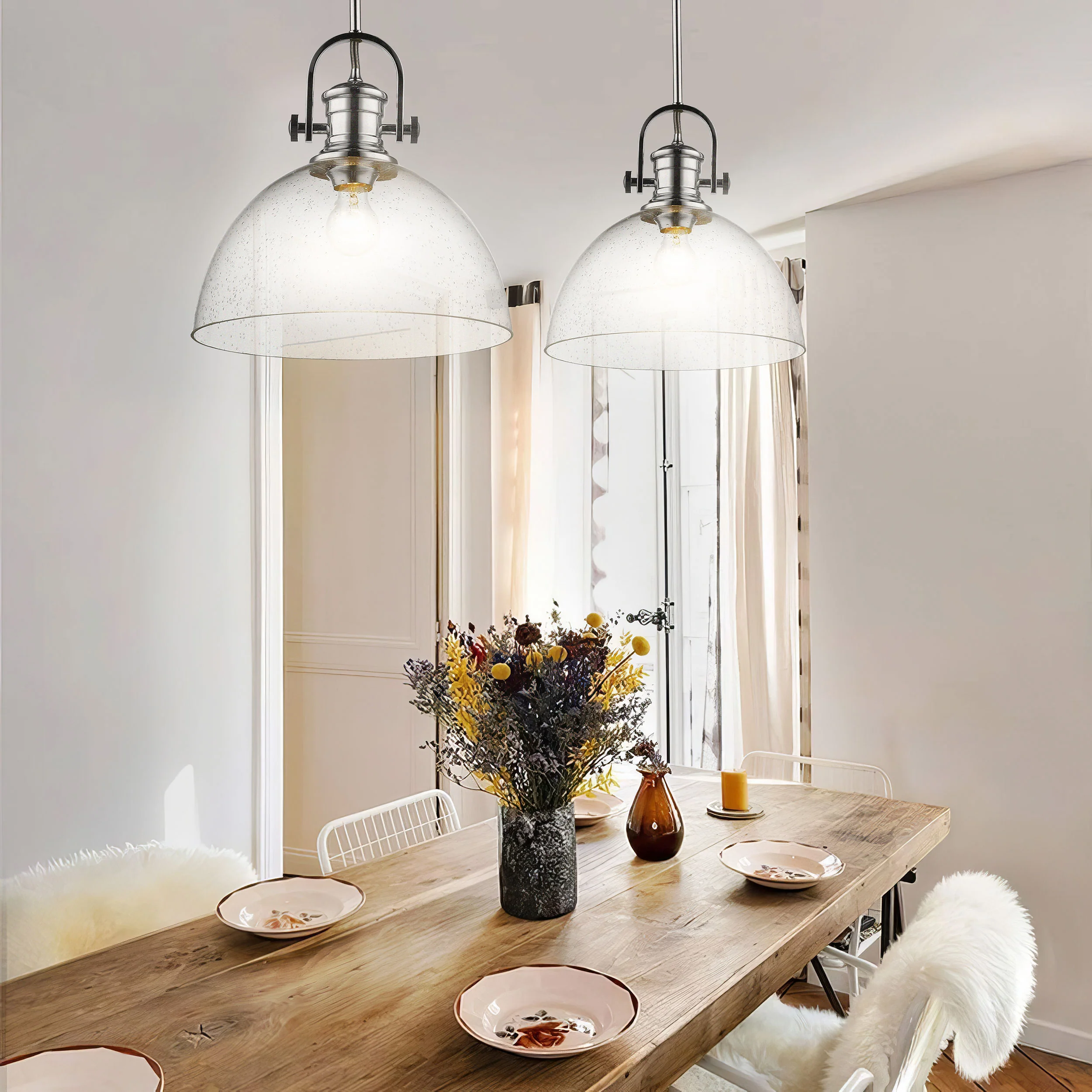 Yep by Golden Lighting Hines 1-light 14in Pendant in Chrome and Seeded Glass - Image 2