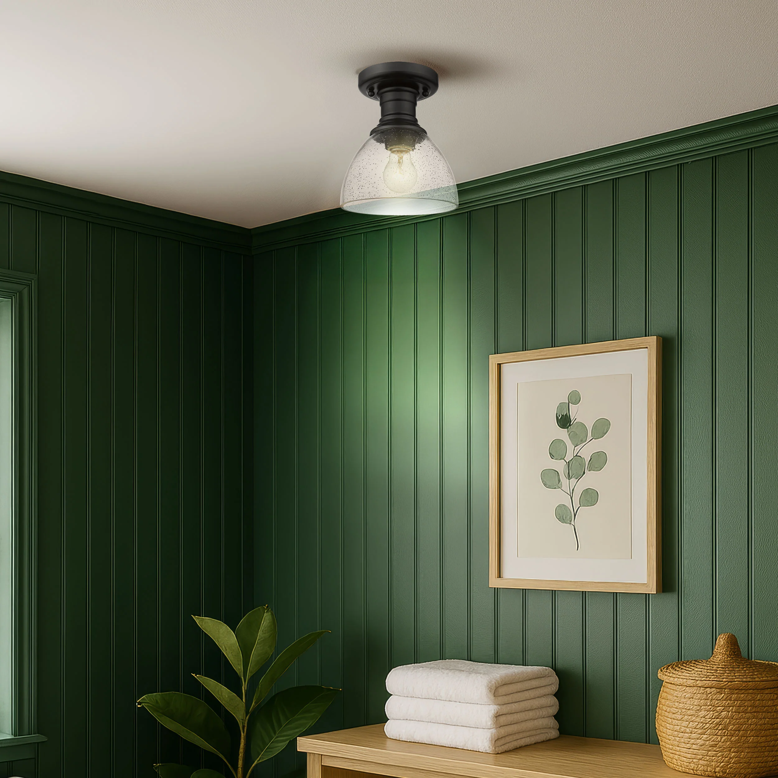 Yep by Golden Lighting Hines 1-light Semi-Flush Mount in Matte Black and Seeded Glass - Image 2
