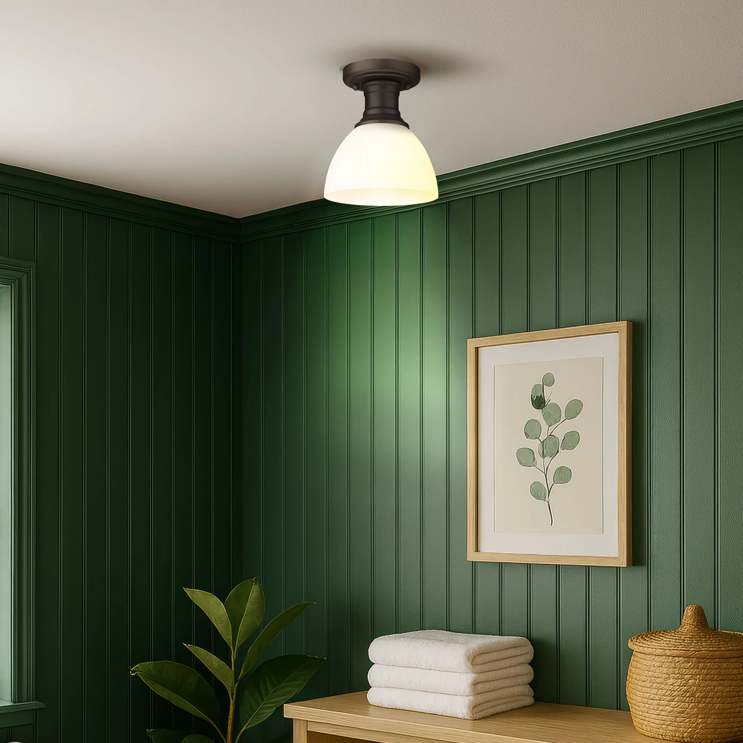 Yep by Golden Lighting Hines 1-light Semi-Flush Mount in Rubbed Bronze and Opal Glass - Image 2