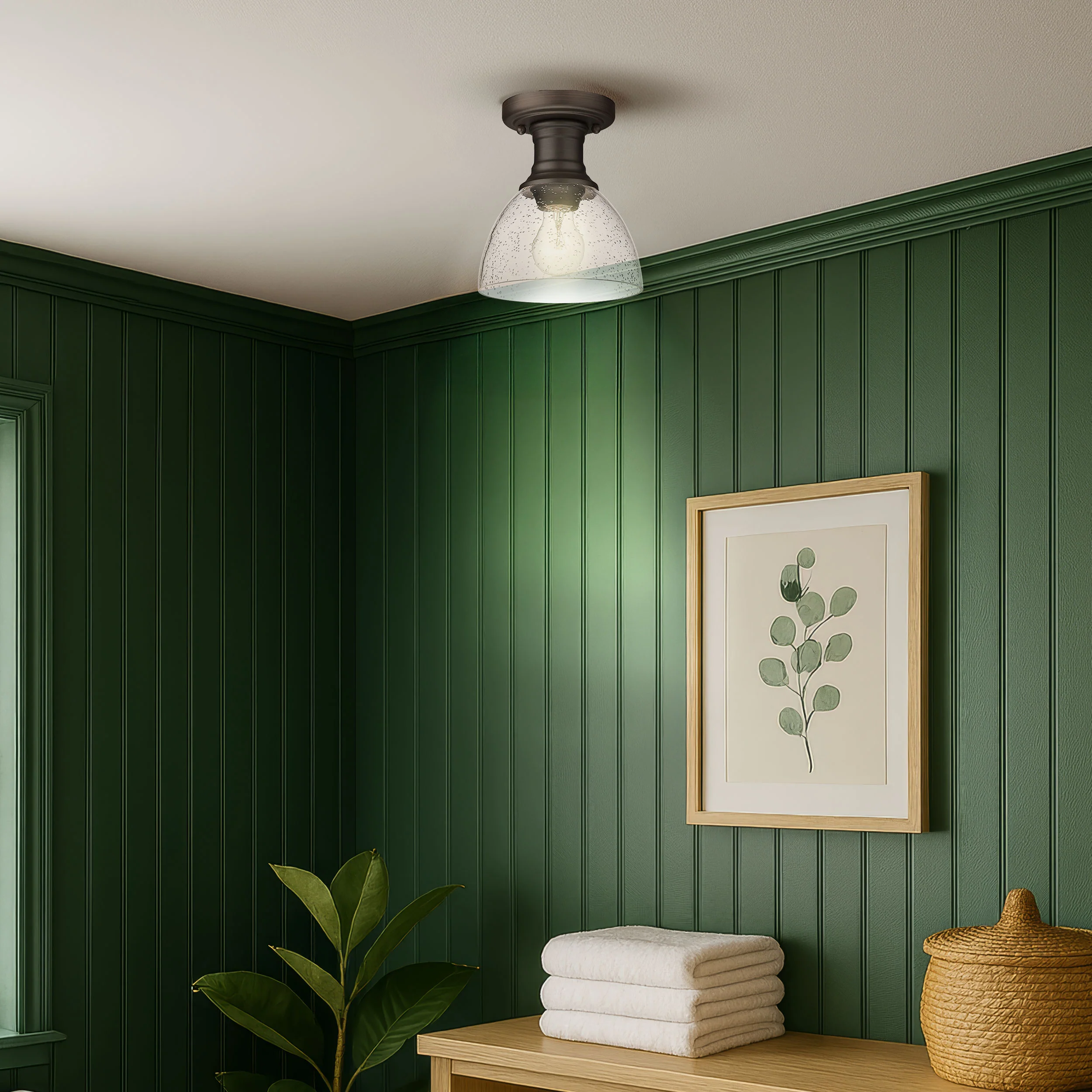Yep by Golden Lighting Hines 1-light Semi-Flush Mount in Rubbed Bronze and Seeded Glass - Image 2