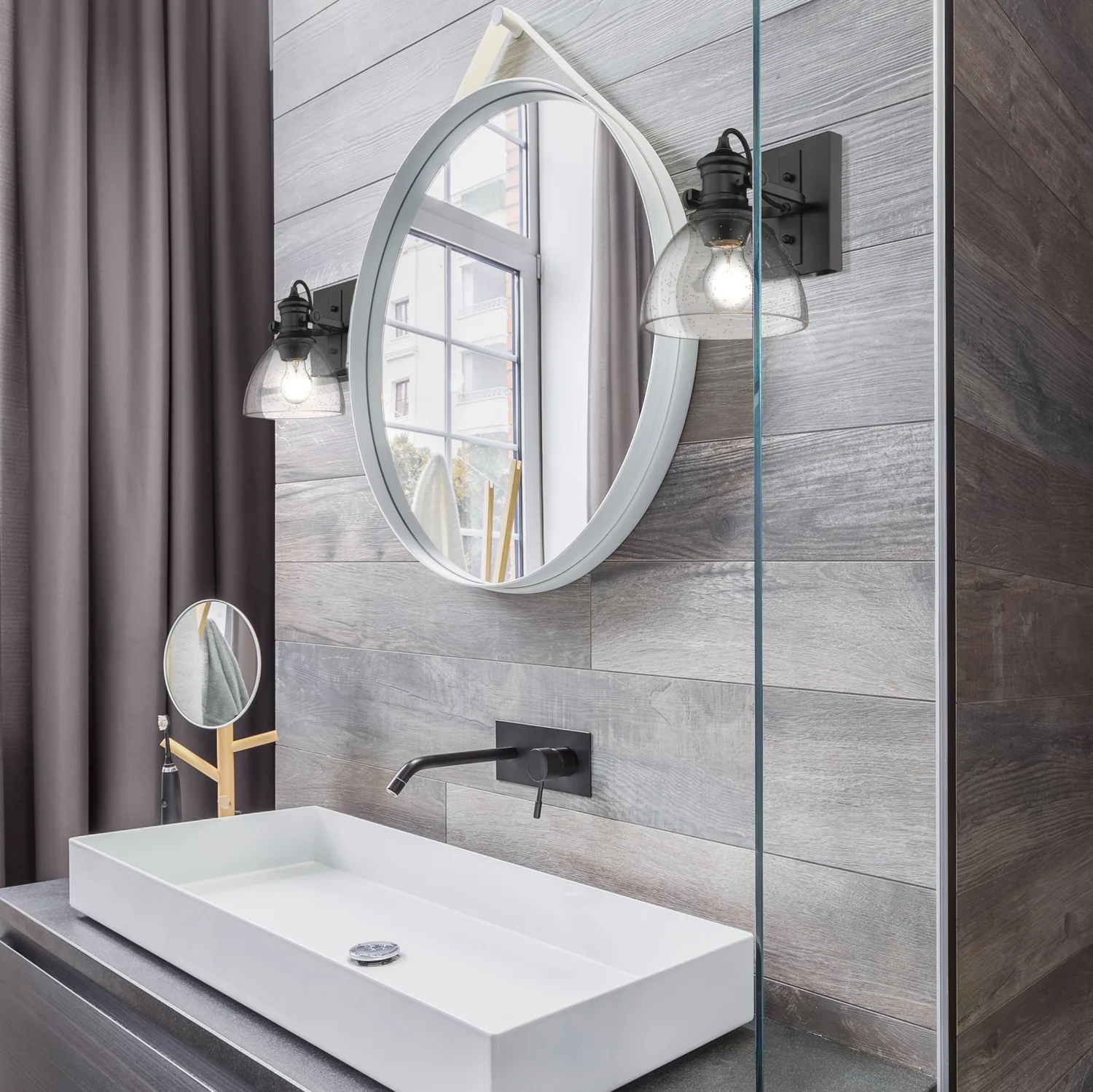 Yep by Golden Lighting Hines 1-light Vanity in Matte Black and Seeded Glass - Image 2