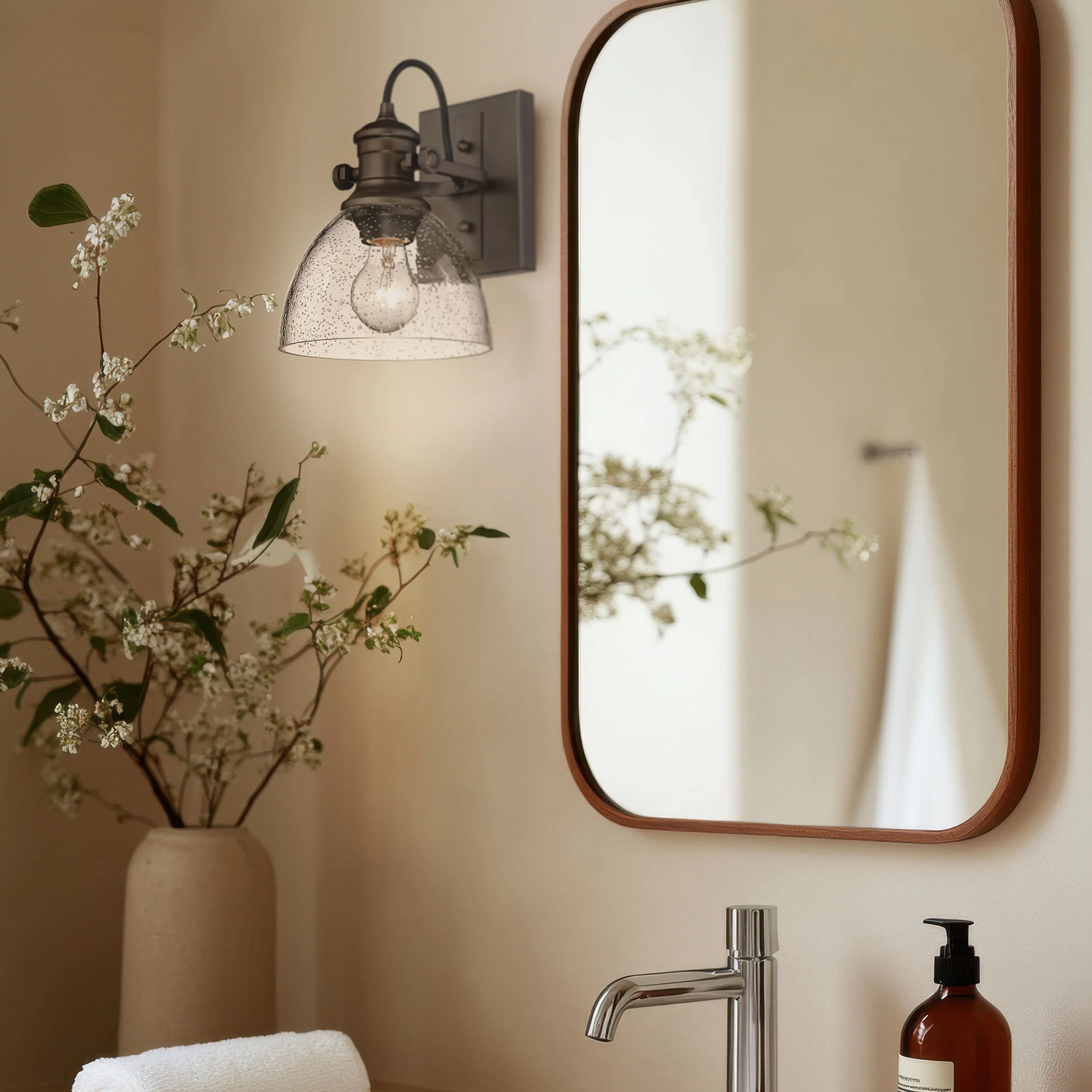Yep by Golden Lighting Hines 1-light Vanity in Rubbed Bronze and Seeded Glass - Image 2
