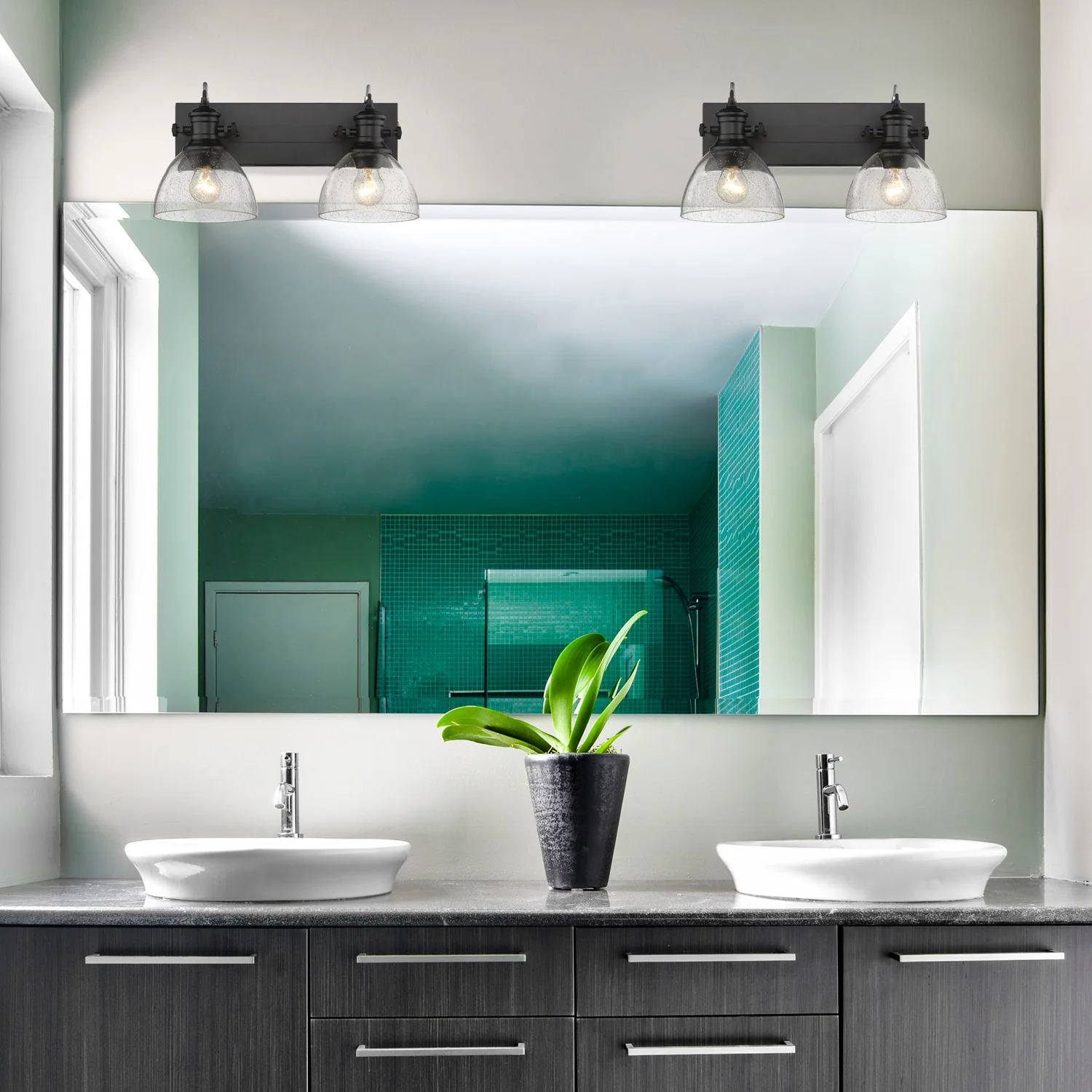 Yep by Golden Lighting Hines 2-light Vanity in Matte Black and Seeded Glass - Image 2