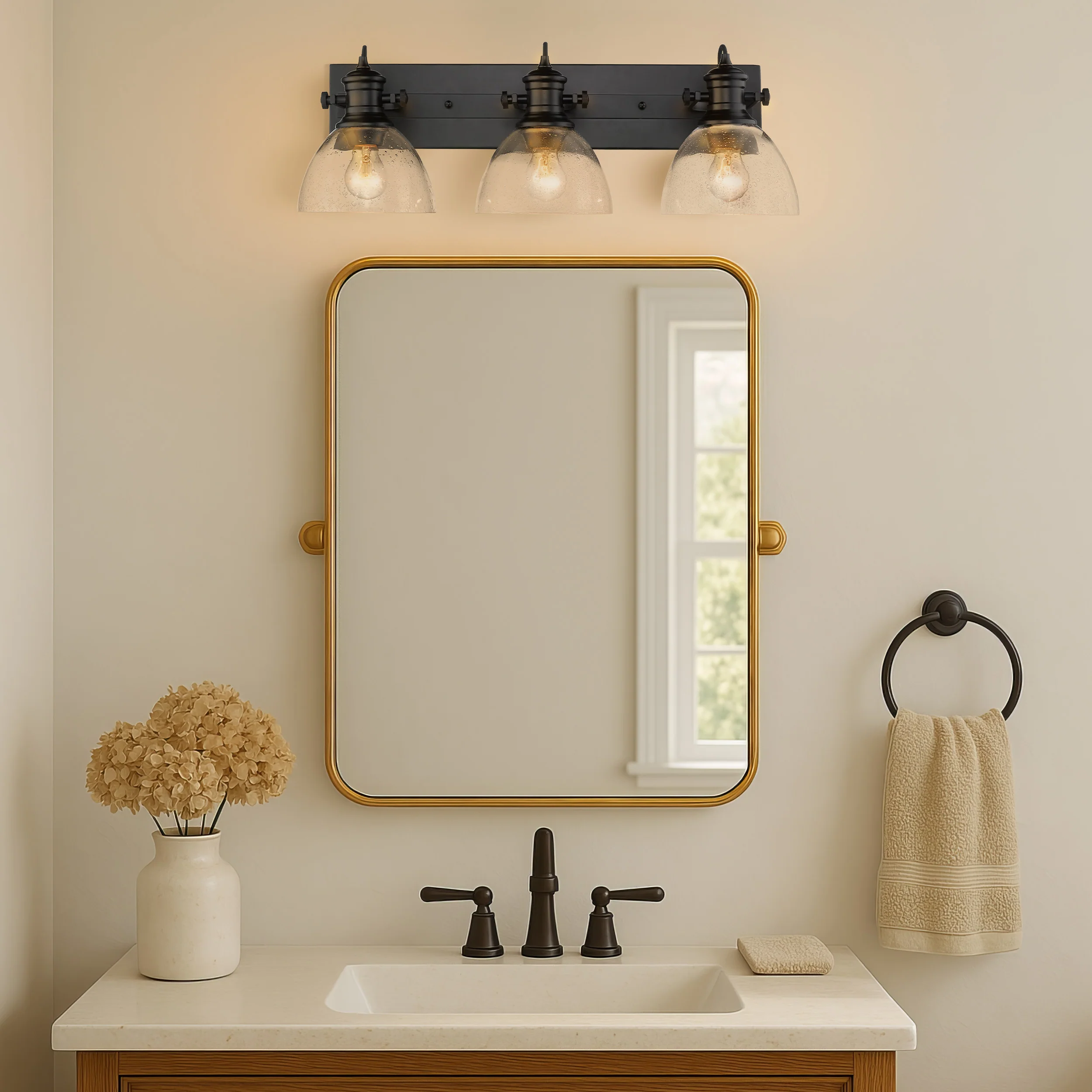 Yep by Golden Lighting Hines 3-light Vanity in Matte Black and Seeded Glass - Image 2