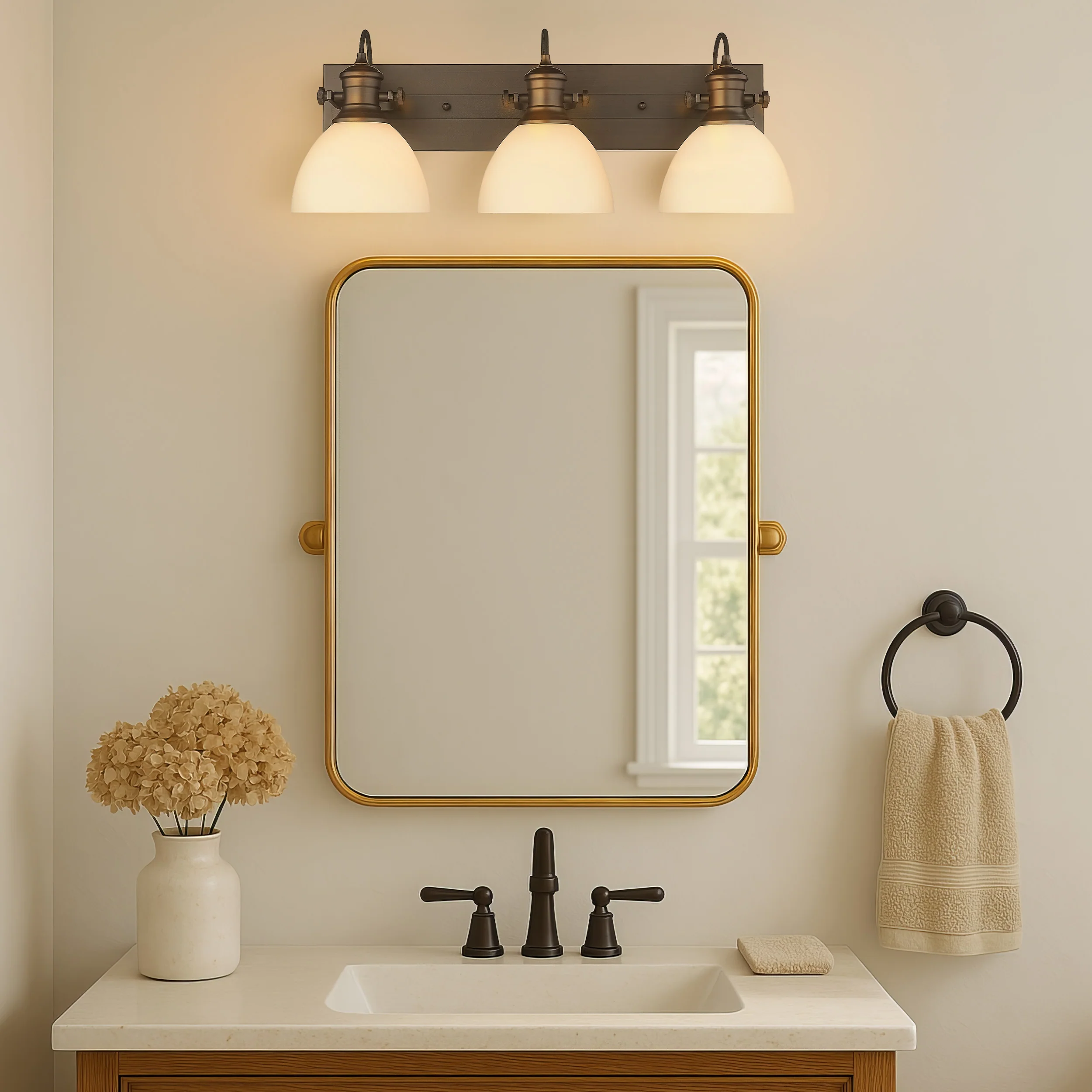 Yep by Golden Lighting Hines 3-light Vanity in Rubbed Bronze and Opal Glass - Image 2