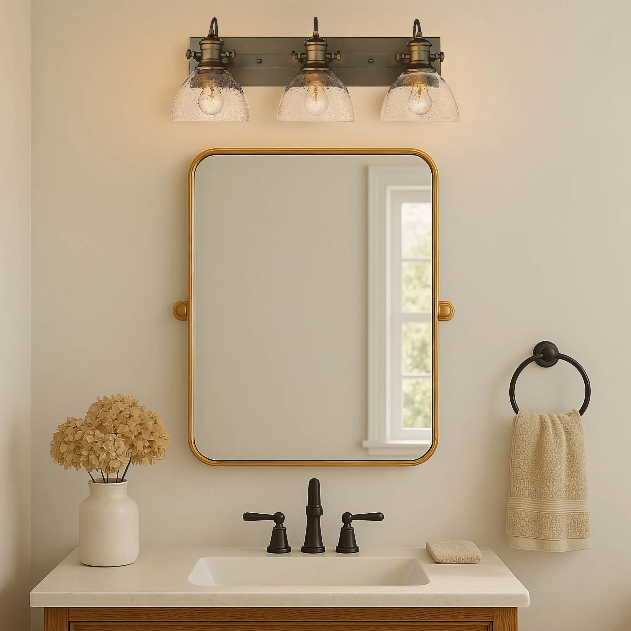 Yep by Golden Lighting Hines 3-light Vanity in Rubbed Bronze and Seeded Glass - Image 2