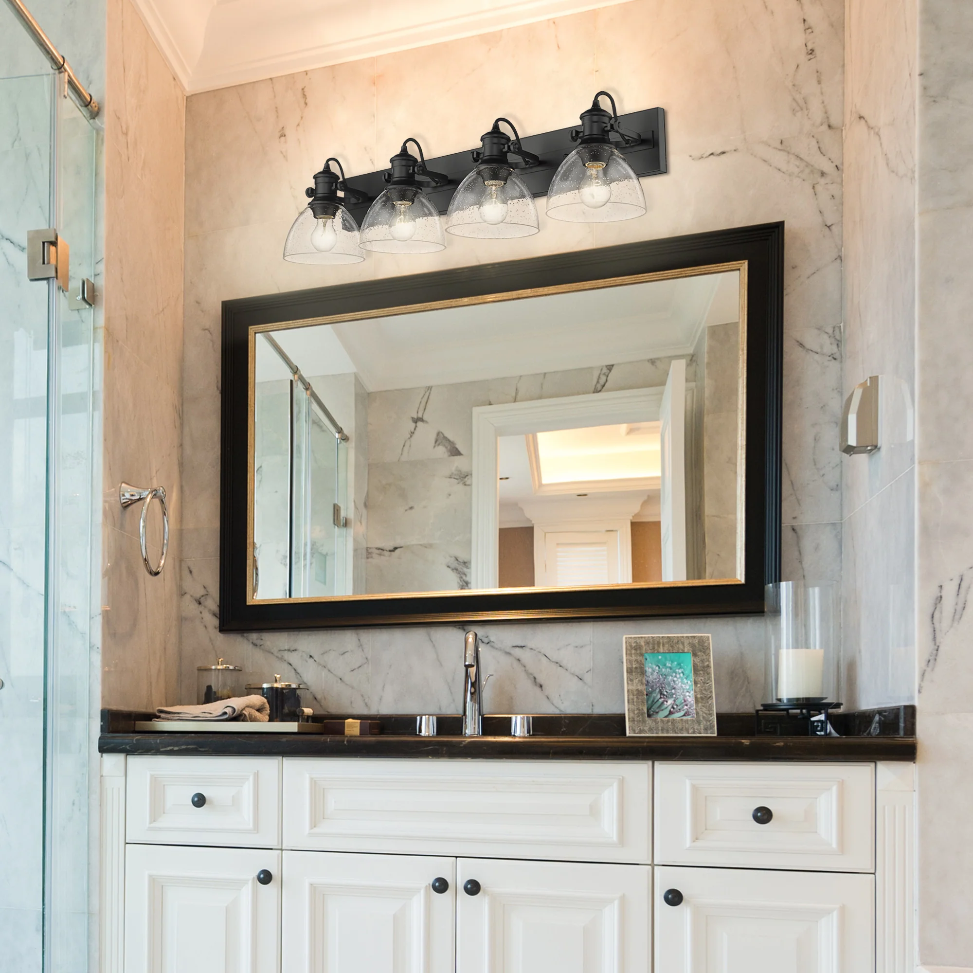 Yep by Golden Lighting Hines 4-light Vanity in Matte Black and Seeded Glass - Image 2