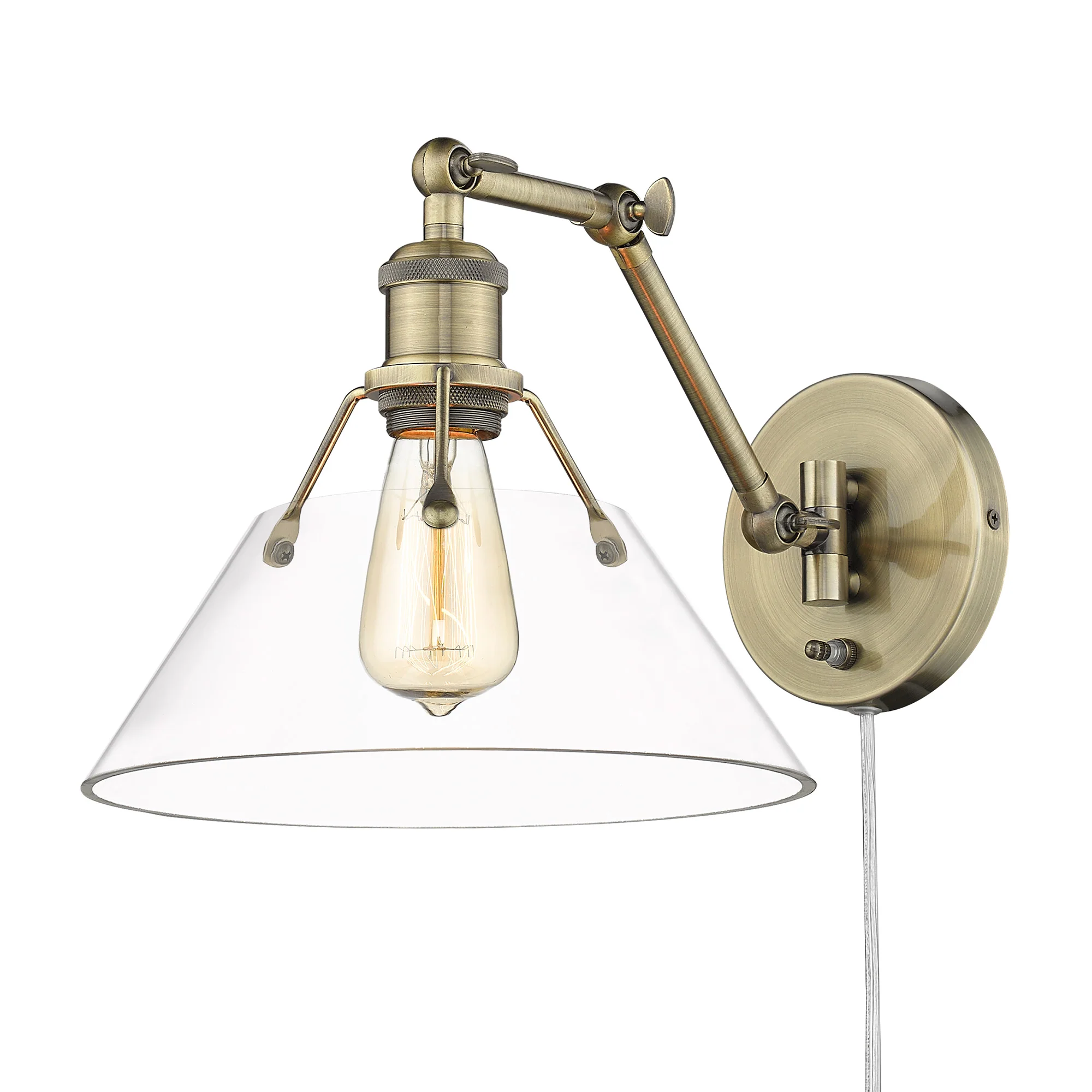 Yep by Golden Lighting Orwell 1-light Swing Arm Wall Lamp in Aged Brass and Clear Glass - Image 2